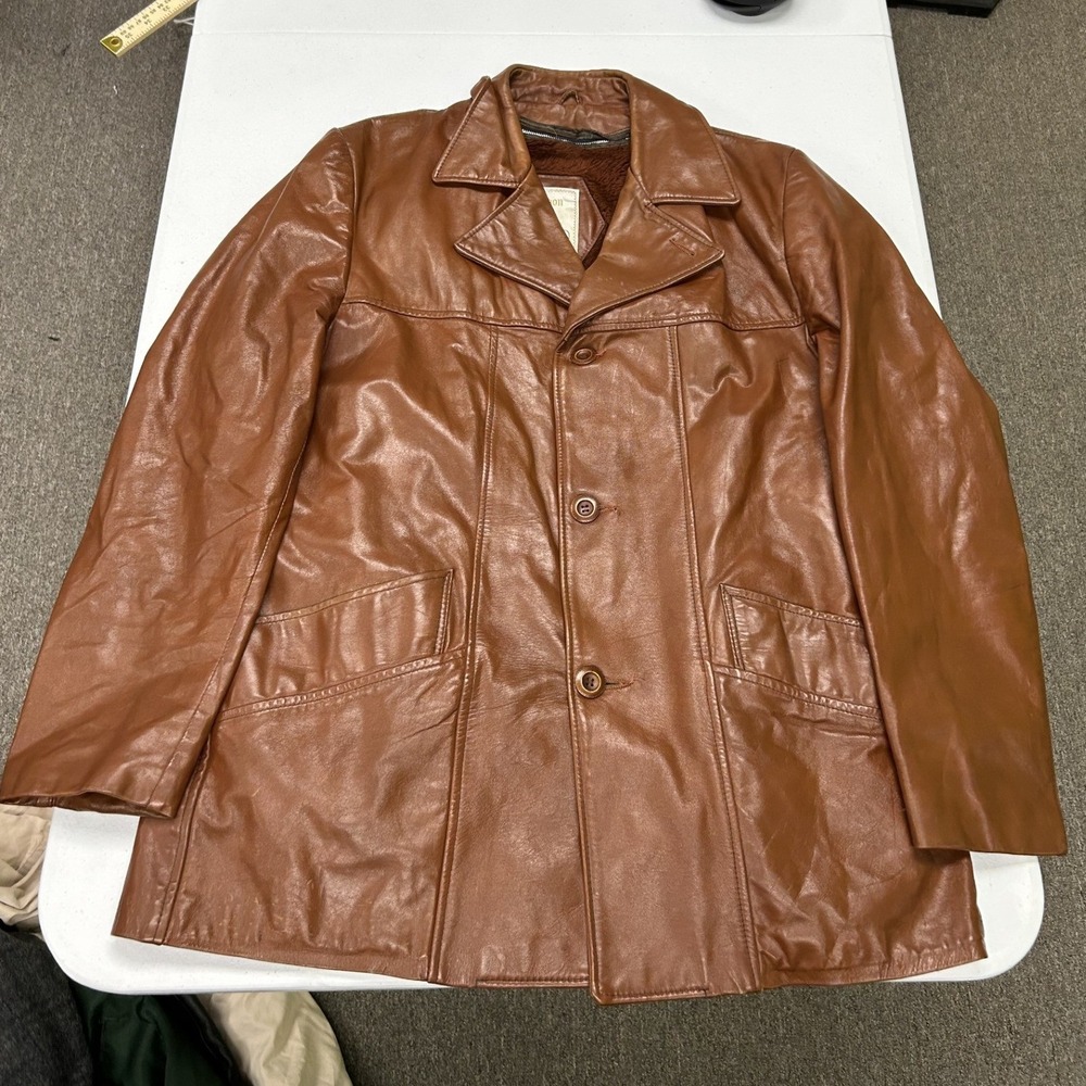 London Fog Leather Car Coat Mens 44 Brown Vintage Faux Fur Lined H2